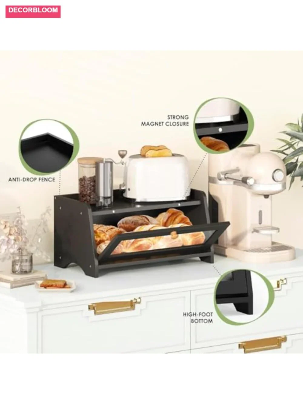 Bamboo Bread Box with Window and Magnetic Latch for Kitchen Countertop Storage